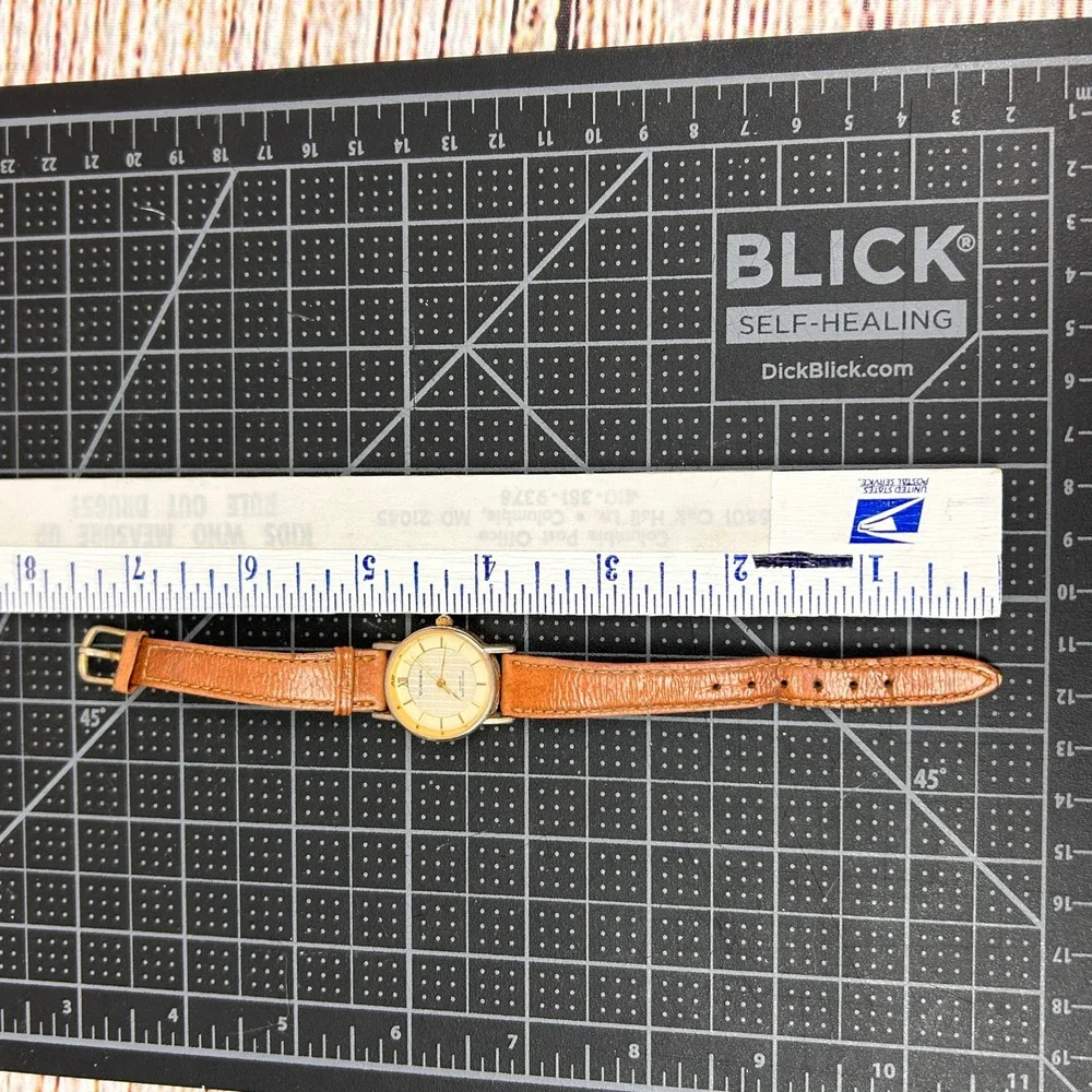 Quemex Quartz‎ Watch Gold Tone Patterned Dial Tan Pigskin Leather Strap 25mm